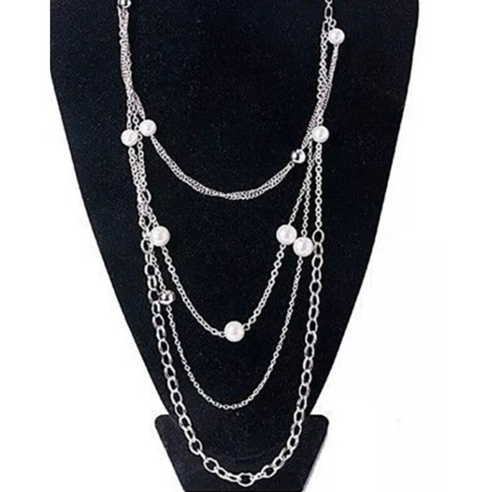 Premier‎ Designs Necklace Fashion Sense Faux pearls multistrand silver chain